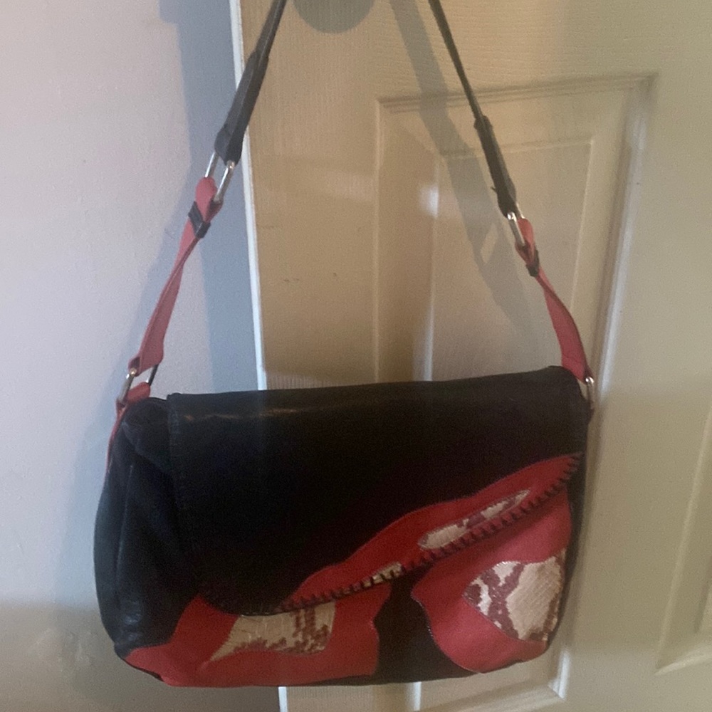Leather, red & black flap bag, outer zip pouch, inner zip pouch & phone holder
